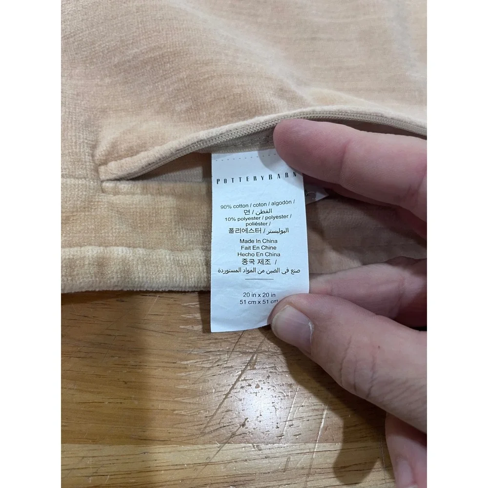 Pottery Barn Tan Velvet 20x20 Square Pillow Cover Hidden Zipper Beige Vtg Style